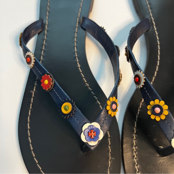TORY BURCH Marguerite Terra Leather Thong Sandals Flip Flops Navy Blue 8.5 - Picture 4 of 8